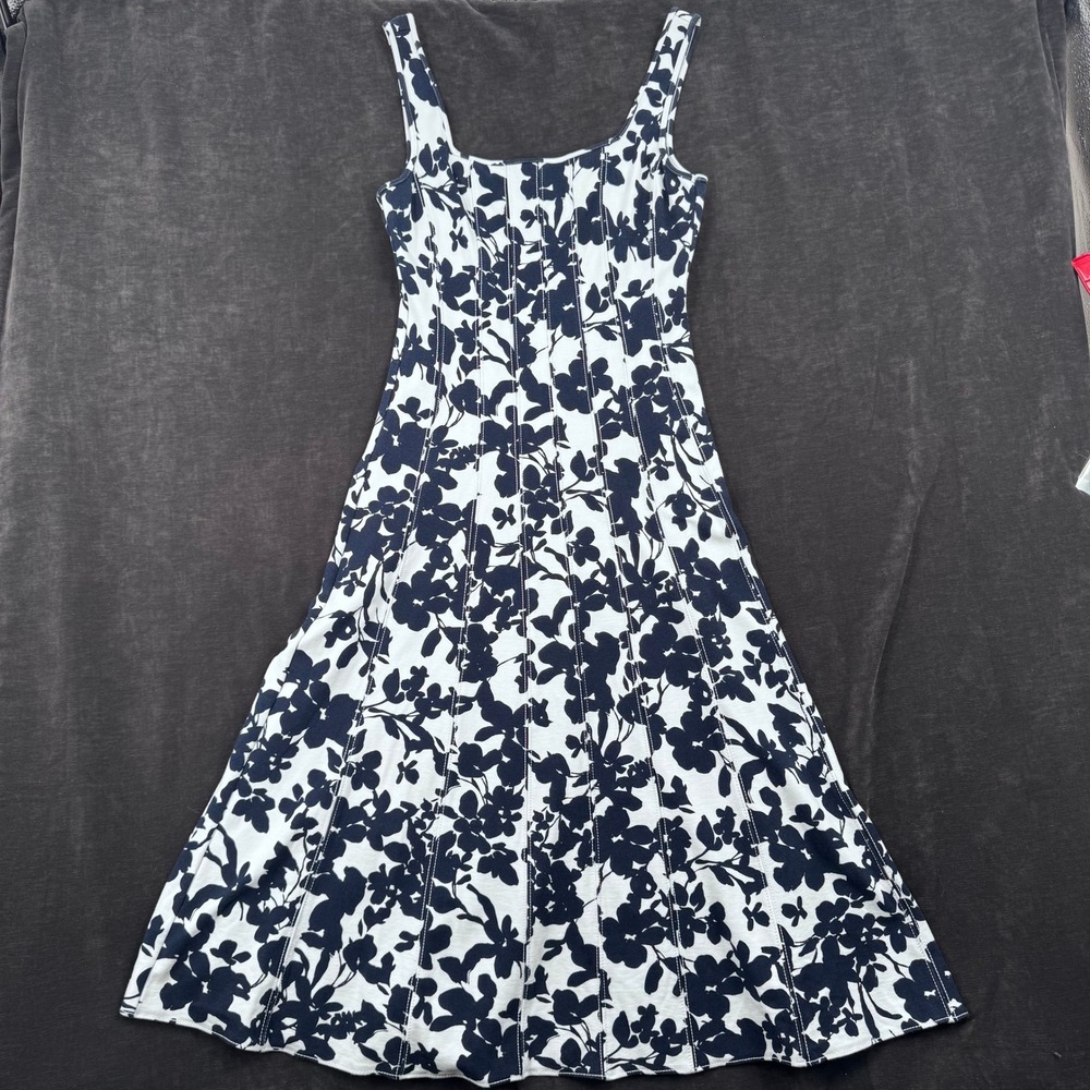 Loft 2 Navy White Floral Ponte Tank Midi Dress Square Neck Sleeveless A-Line
